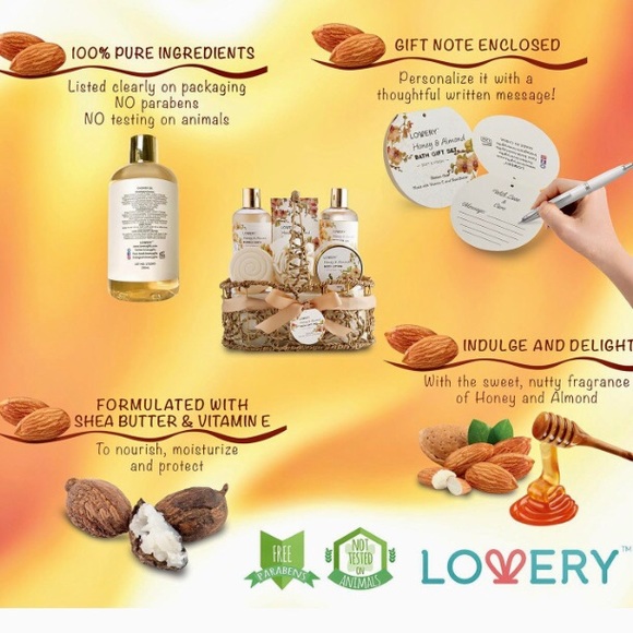 “Lovery” brand, 7 piece bath gift set in honey & almond scent -NWT - Picture 4 of 14